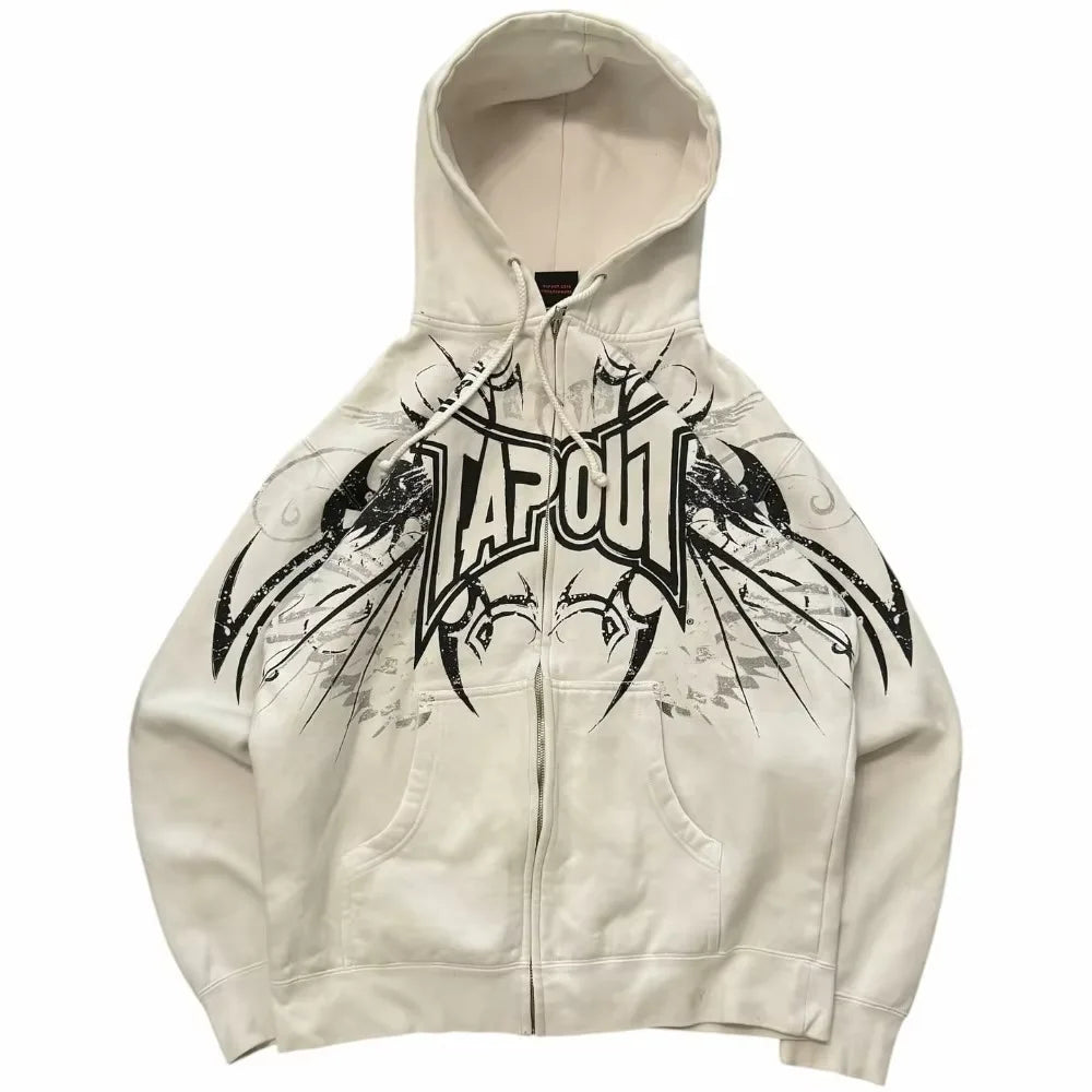 Streetwear Gray Zipper Hoodies Men Women Harajuku Retro Letter Graphic Printed Oversized Sweatshirt Y2K Gothic Autumn Clothing