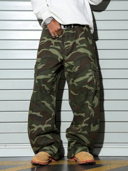 Men'S Wide-Leg Camo Cargo Pants, Multi-Pocket Military Tactical Trousers, Streetwear Hip-Hop Loose Casual Work Pants