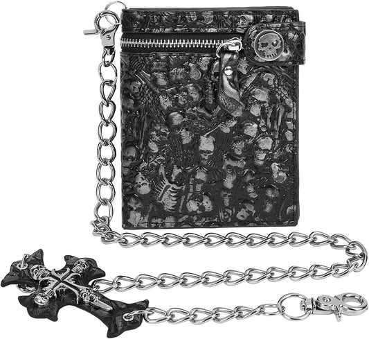 Unisex Gothic Punk Skull Chain Wallet - Bifold Faux Leather, Halloween Goth Accessories - Silver