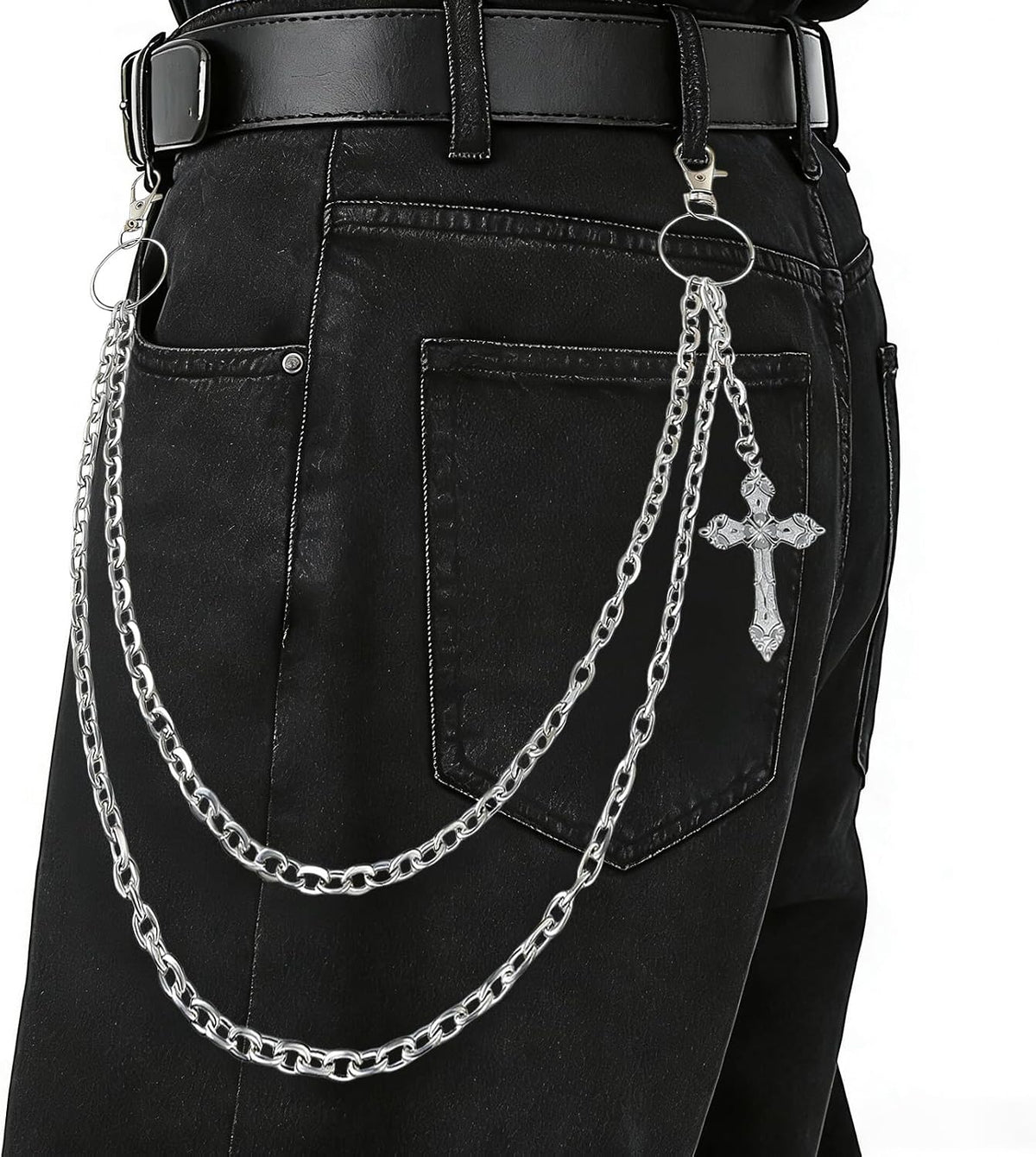 Wallet Chain Pants Chain for Women Men Double Cross Pocket Chains with 2 Keyrings Punk Trousers Jeans Chains Biker Heavy Duty Chain Keychain Goth Accessories