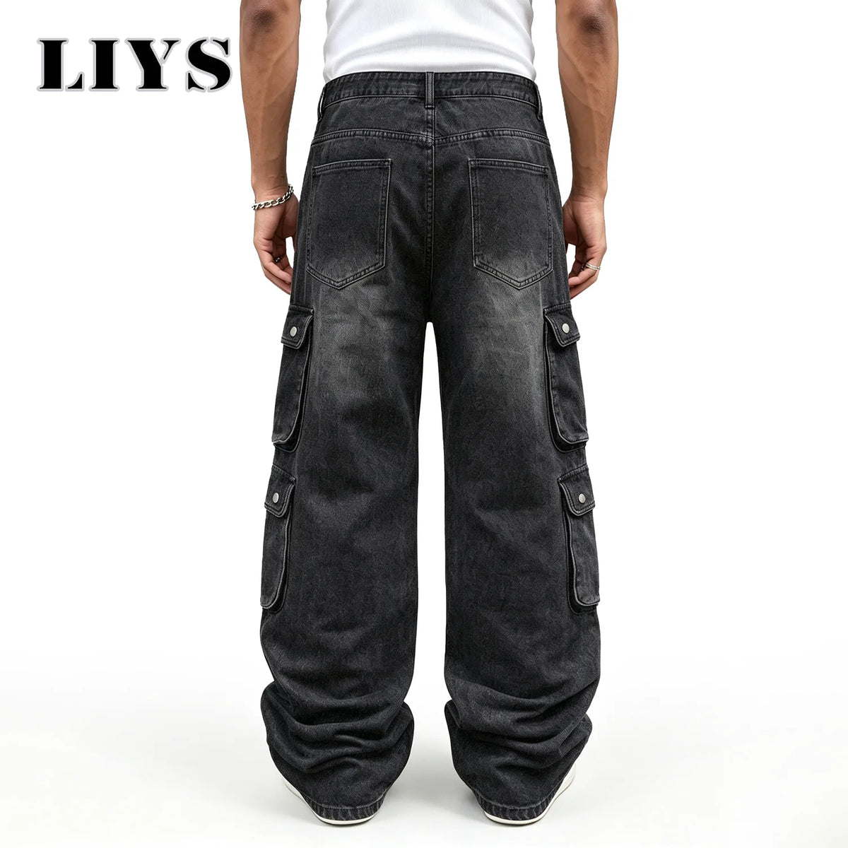 LIYS Men Retro Black Wash Multi Pocket Cargo Jeans Ripped Baggy Wide Leg Y2K Streetwear Denim Pants Tactical Loose Trousers