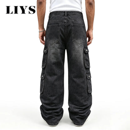 LIYS Men Retro Black Wash Multi Pocket Cargo Jeans Ripped Baggy Wide Leg Y2K Streetwear Denim Pants Tactical Loose Trousers
