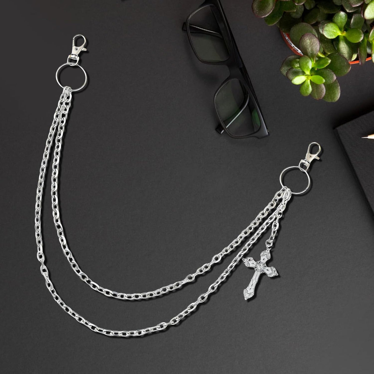 Wallet Chain Pants Chain for Women Men Double Cross Pocket Chains with 2 Keyrings Punk Trousers Jeans Chains Biker Heavy Duty Chain Keychain Goth Accessories