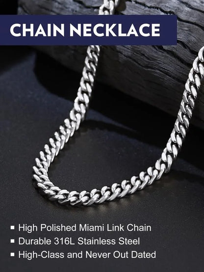 7MM Stainless Steel Mens Chain Necklaces Miami Cuban Link Chain for Men 22 Inches Chunky Cuban Chain Men Jewelry Birthday Valentines Father Day Gift for Dad Son Husband