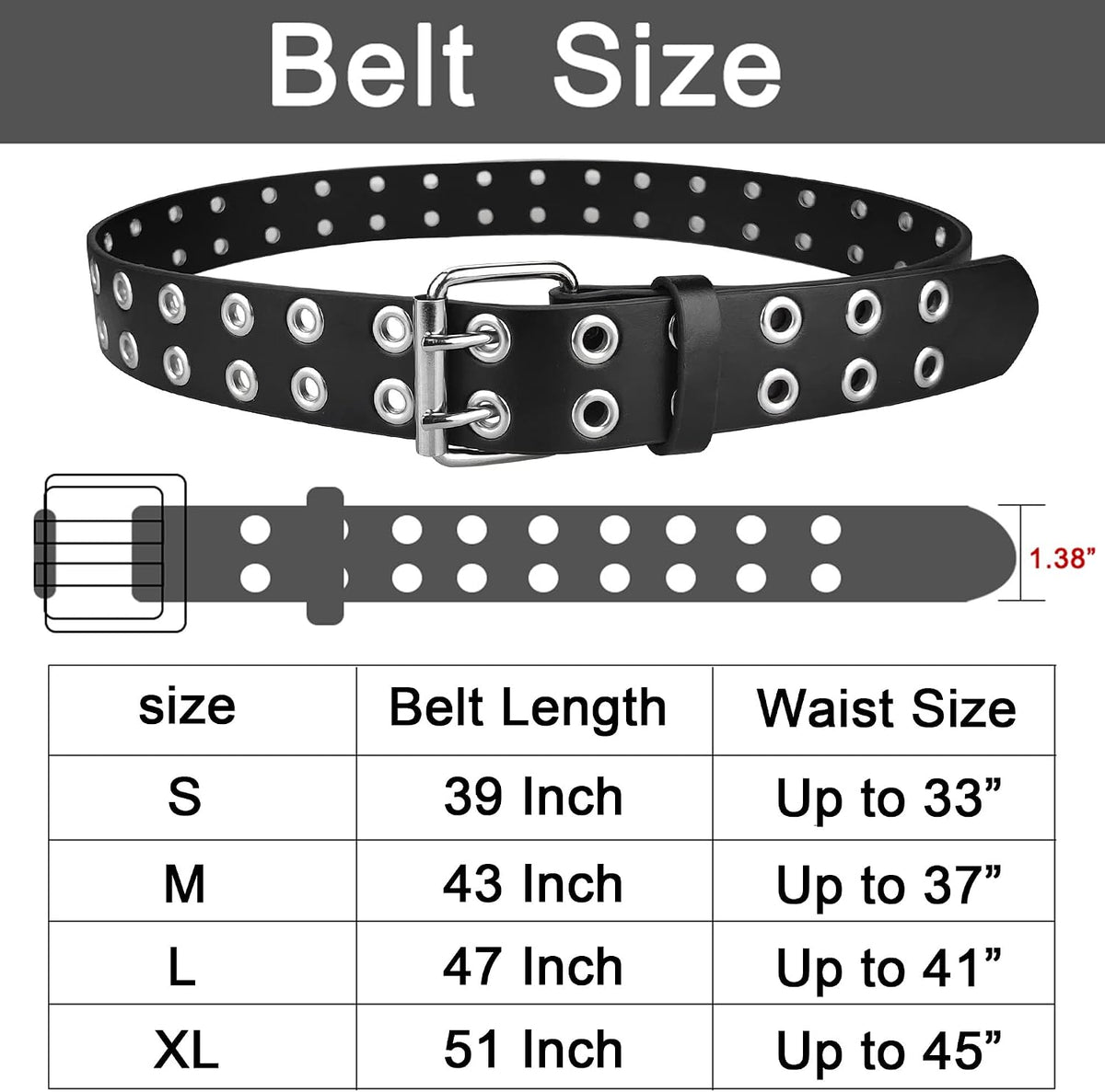 Grommet Leather Belt, Y2K Goth Studded Belts for Women Men Teens | Punk Emo Double Hole Belt, Womens Belts for Jeans/Pants/Skirts, Adjustable Alt Grunge Belt for Streetwear Fashion/Festival