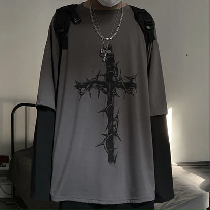 Grunge Clothes Women Long Sleeve Emo T-Shirt Casual Harajuku Men Aesthetic Pray Goth Top Alt Street Fashion Tshirts Indie Punk