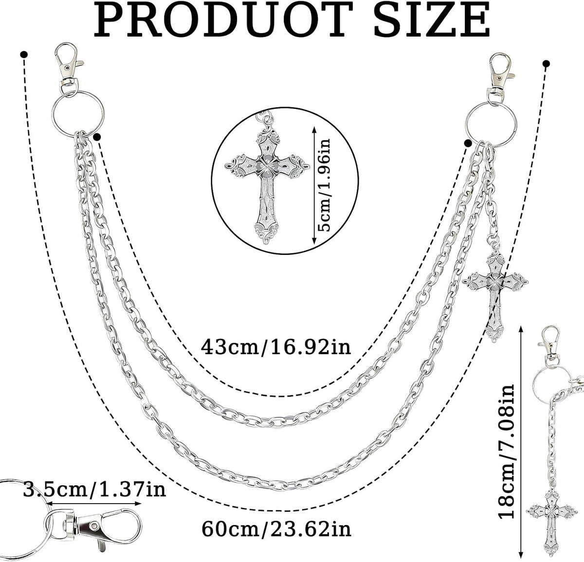 Wallet Chain Pants Chain for Women Men Double Cross Pocket Chains with 2 Keyrings Punk Trousers Jeans Chains Biker Heavy Duty Chain Keychain Goth Accessories