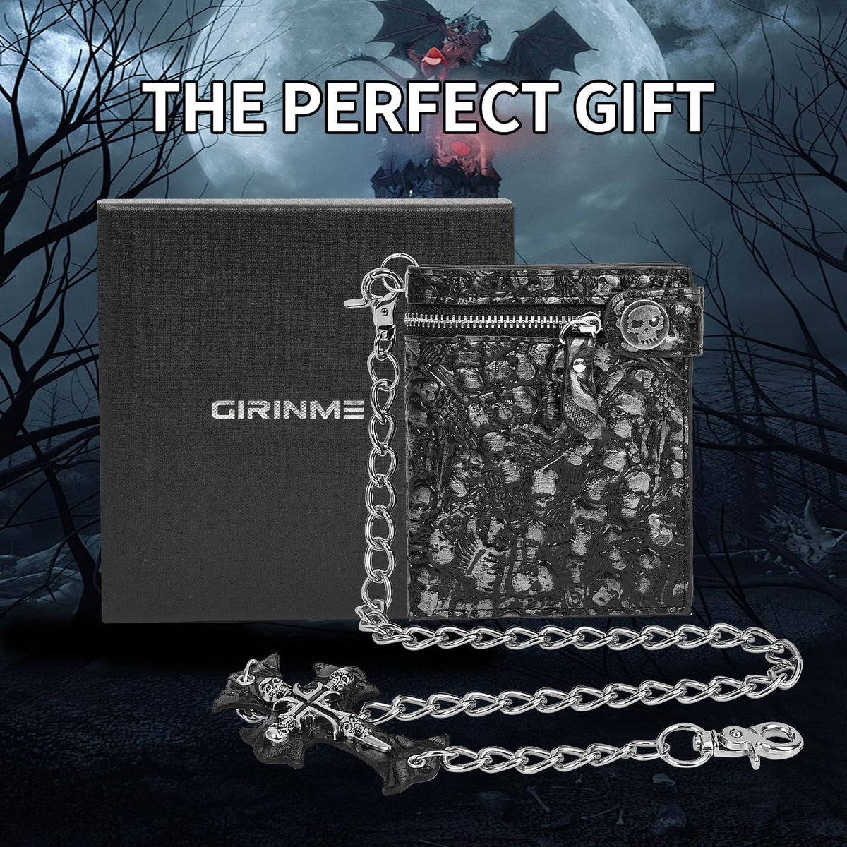 Unisex Gothic Punk Skull Chain Wallet - Bifold Faux Leather, Halloween Goth Accessories - Silver