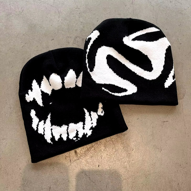 Knitting Beanies for Men Goth Tooth Caps Y2K Streetwear Winter Pullover Kpop Gorro Harajuku Vintage Warm Hip Hop Women Hat
