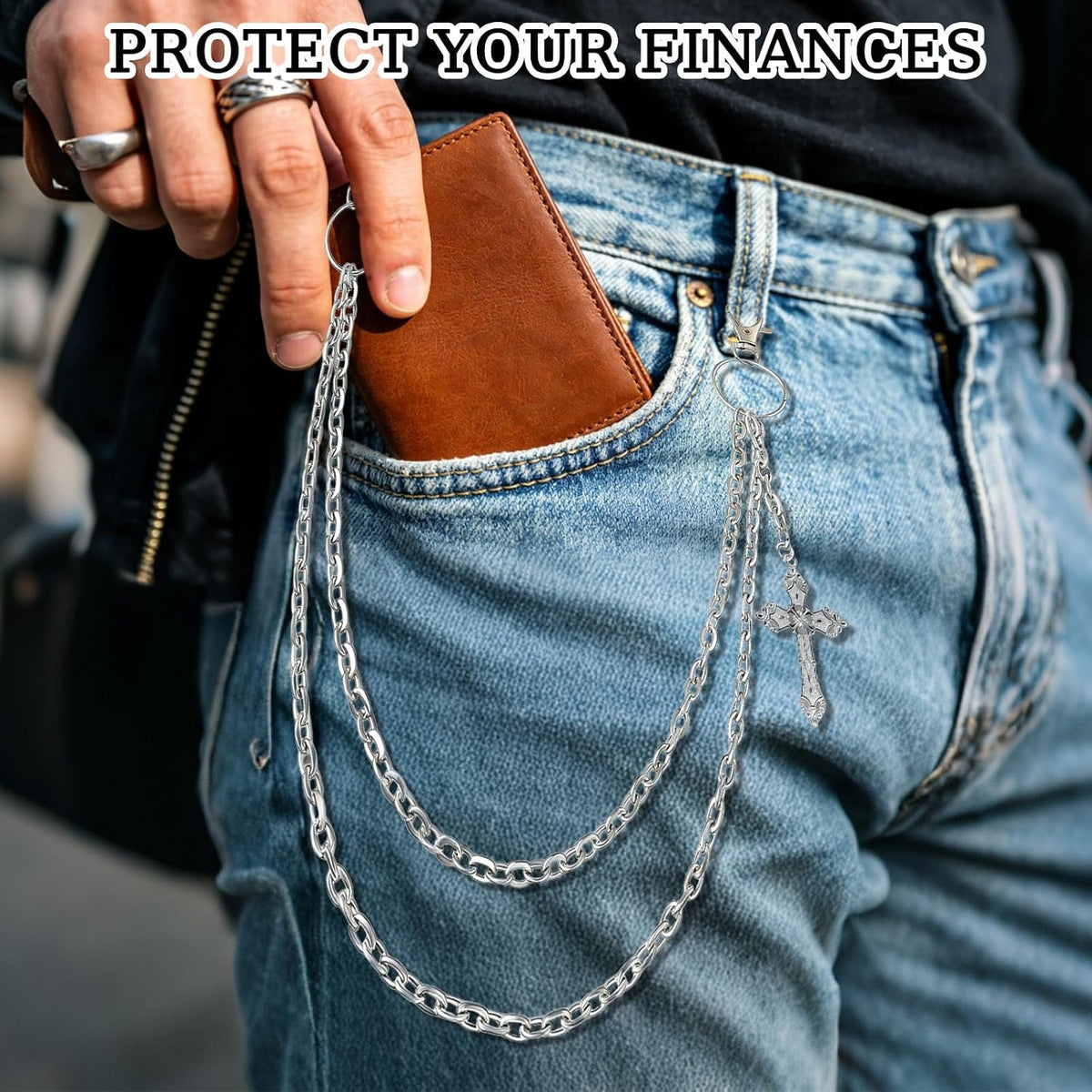 Wallet Chain Pants Chain for Women Men Double Cross Pocket Chains with 2 Keyrings Punk Trousers Jeans Chains Biker Heavy Duty Chain Keychain Goth Accessories