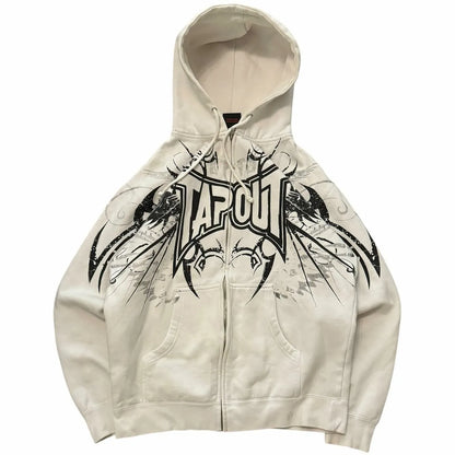 Streetwear Gray Zipper Hoodies Men Women Harajuku Retro Letter Graphic Printed Oversized Sweatshirt Y2K Gothic Autumn Clothing