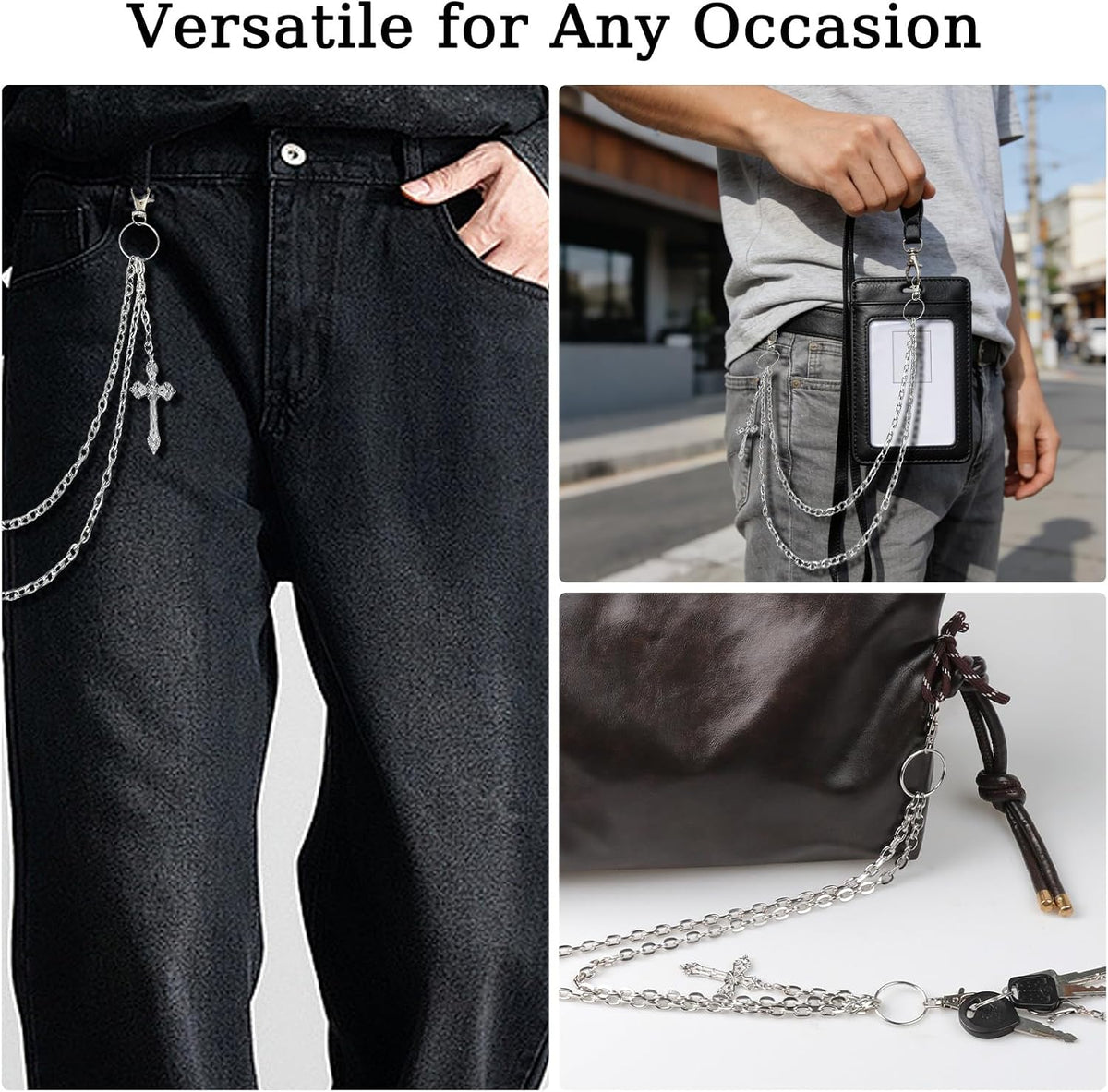 Wallet Chain Pants Chain for Women Men Double Cross Pocket Chains with 2 Keyrings Punk Trousers Jeans Chains Biker Heavy Duty Chain Keychain Goth Accessories