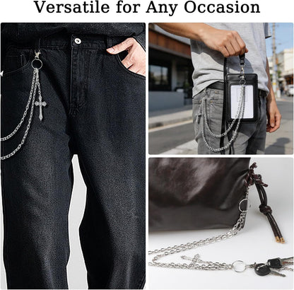 Wallet Chain Pants Chain for Women Men Double Cross Pocket Chains with 2 Keyrings Punk Trousers Jeans Chains Biker Heavy Duty Chain Keychain Goth Accessories