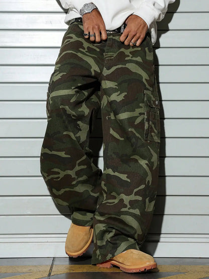 Men'S Wide-Leg Camo Cargo Pants, Multi-Pocket Military Tactical Trousers, Streetwear Hip-Hop Loose Casual Work Pants