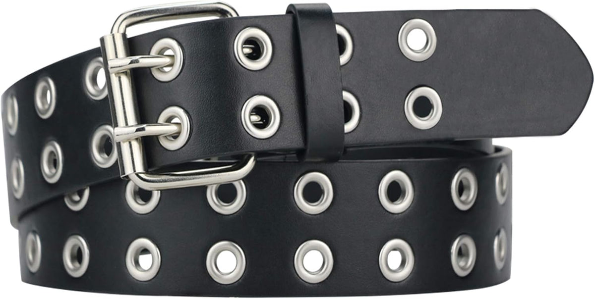 Grommet Leather Belt, Y2K Goth Studded Belts for Women Men Teens | Punk Emo Double Hole Belt, Womens Belts for Jeans/Pants/Skirts, Adjustable Alt Grunge Belt for Streetwear Fashion/Festival
