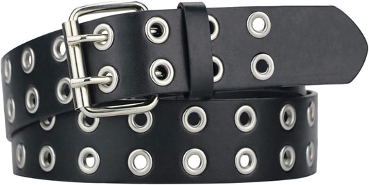 Grommet Leather Belt, Y2K Goth Studded Belts for Women Men Teens | Punk Emo Double Hole Belt, Womens Belts for Jeans/Pants/Skirts, Adjustable Alt Grunge Belt for Streetwear Fashion/Festival