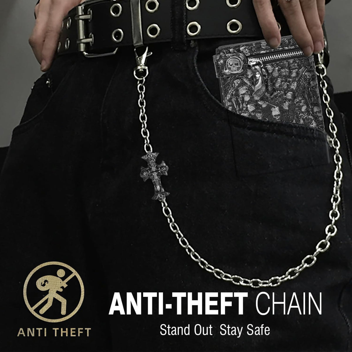 Unisex Gothic Punk Skull Chain Wallet - Bifold Faux Leather, Halloween Goth Accessories - Silver