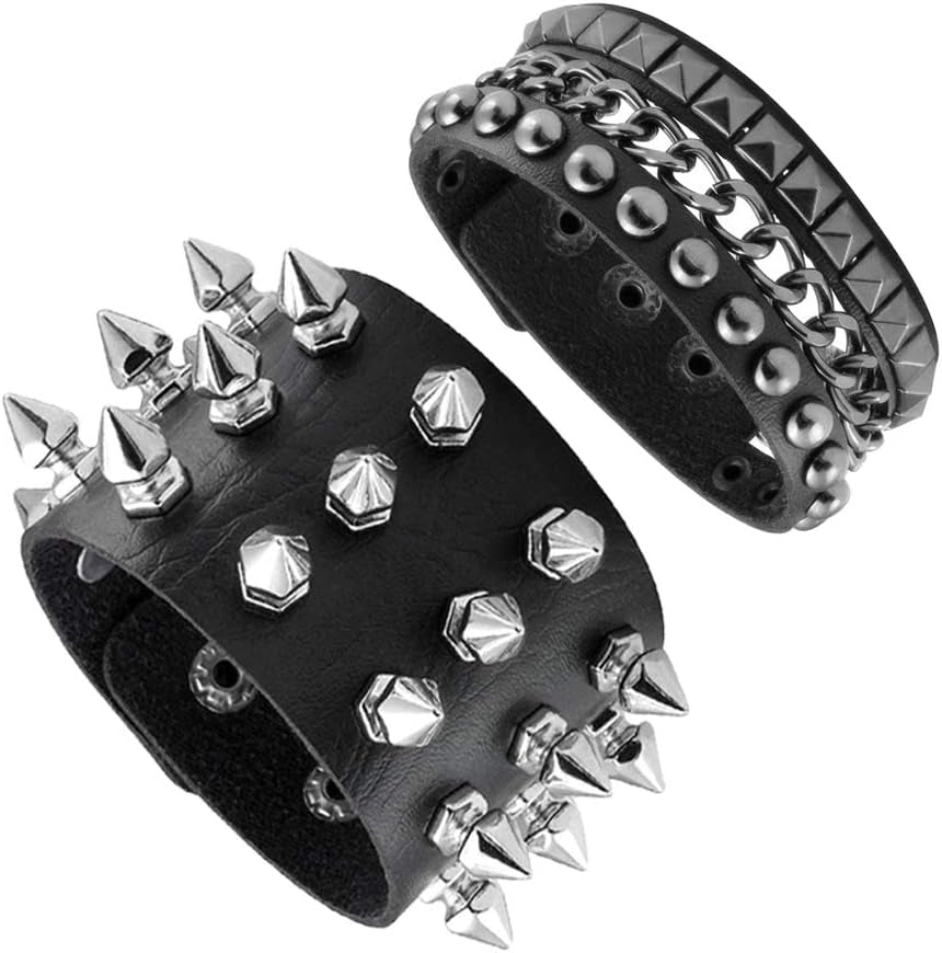 2PCS Punk Leather Cuff Bracelets, Spike Studded Punk Bracelet, Goth Leather Cuff Bangle for Men Women