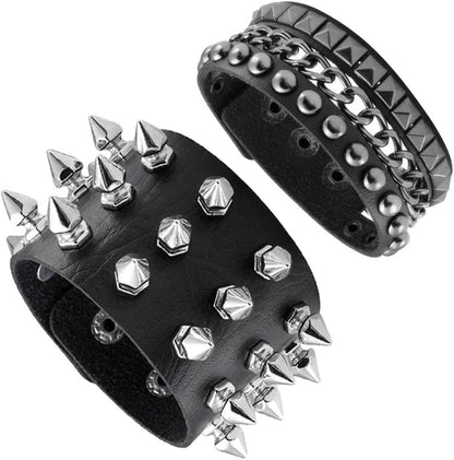 2PCS Punk Leather Cuff Bracelets, Spike Studded Punk Bracelet, Goth Leather Cuff Bangle for Men Women