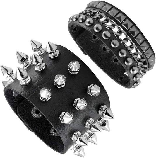 2PCS Punk Leather Cuff Bracelets, Spike Studded Punk Bracelet, Goth Leather Cuff Bangle for Men Women