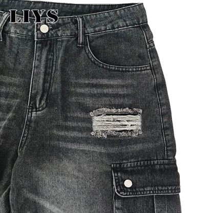 LIYS Men Retro Black Wash Multi Pocket Cargo Jeans Ripped Baggy Wide Leg Y2K Streetwear Denim Pants Tactical Loose Trousers