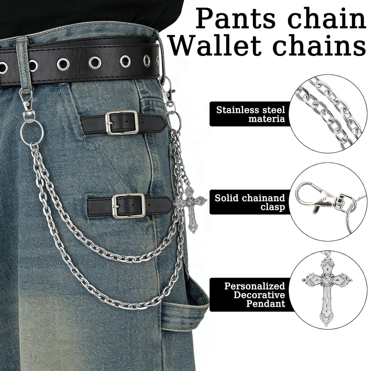 Wallet Chain Pants Chain for Women Men Double Cross Pocket Chains with 2 Keyrings Punk Trousers Jeans Chains Biker Heavy Duty Chain Keychain Goth Accessories