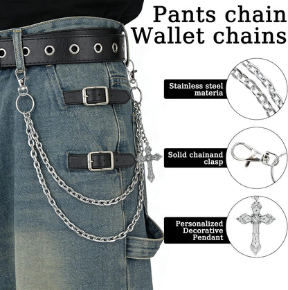 Wallet Chain Pants Chain for Women Men Double Cross Pocket Chains with 2 Keyrings Punk Trousers Jeans Chains Biker Heavy Duty Chain Keychain Goth Accessories