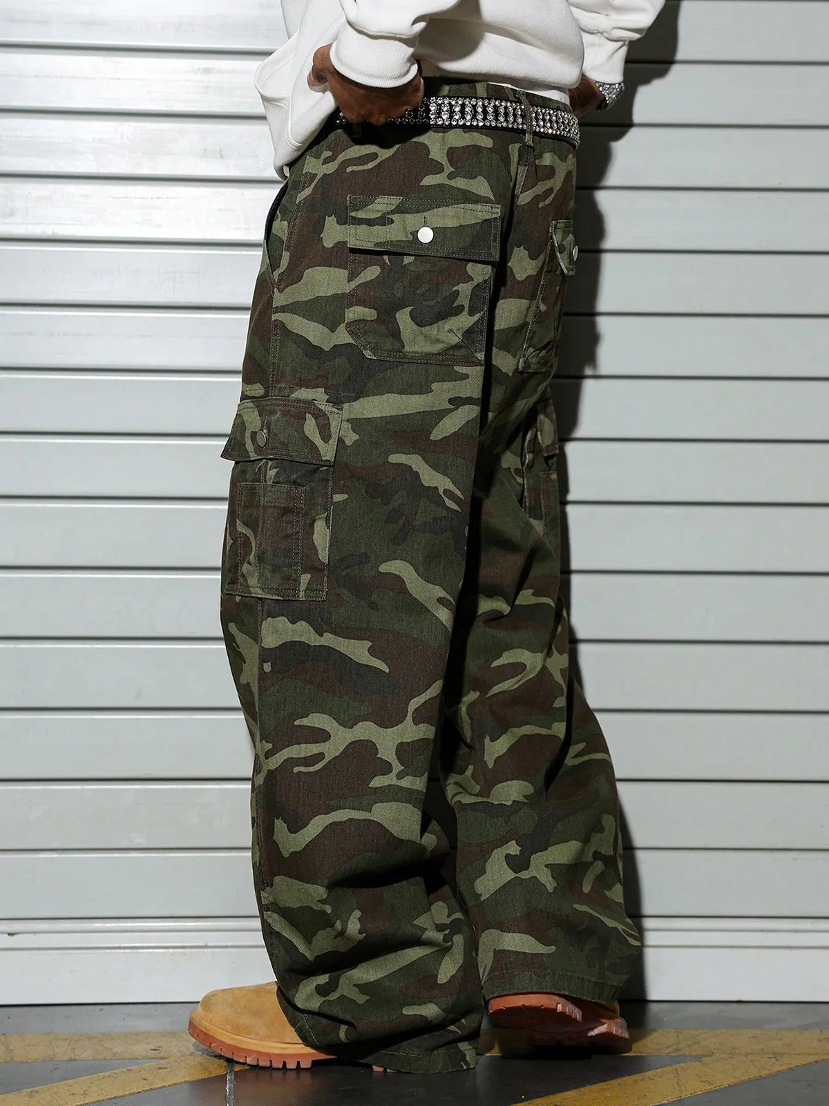 Men'S Wide-Leg Camo Cargo Pants, Multi-Pocket Military Tactical Trousers, Streetwear Hip-Hop Loose Casual Work Pants