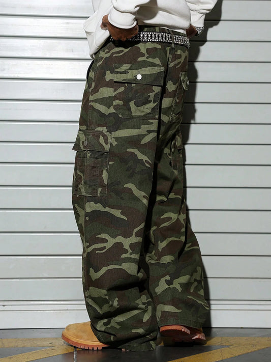 Men'S Wide-Leg Camo Cargo Pants, Multi-Pocket Military Tactical Trousers, Streetwear Hip-Hop Loose Casual Work Pants