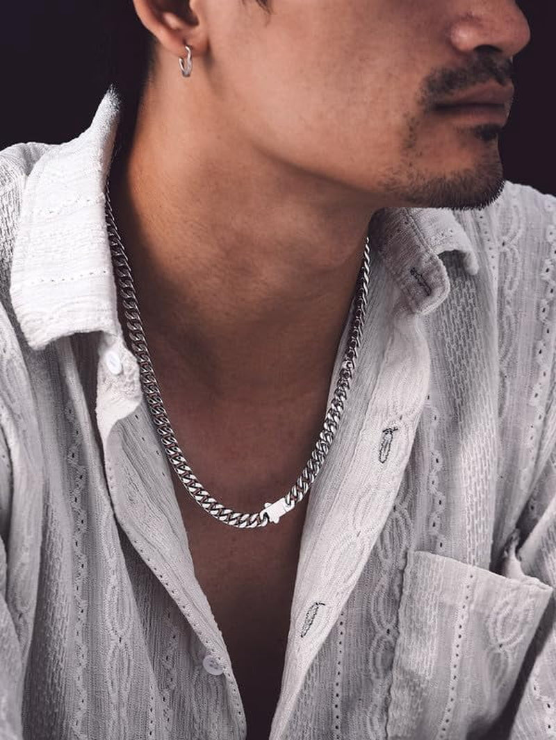 7MM Stainless Steel Mens Chain Necklaces Miami Cuban Link Chain for Men 22 Inches Chunky Cuban Chain Men Jewelry Birthday Valentines Father Day Gift for Dad Son Husband