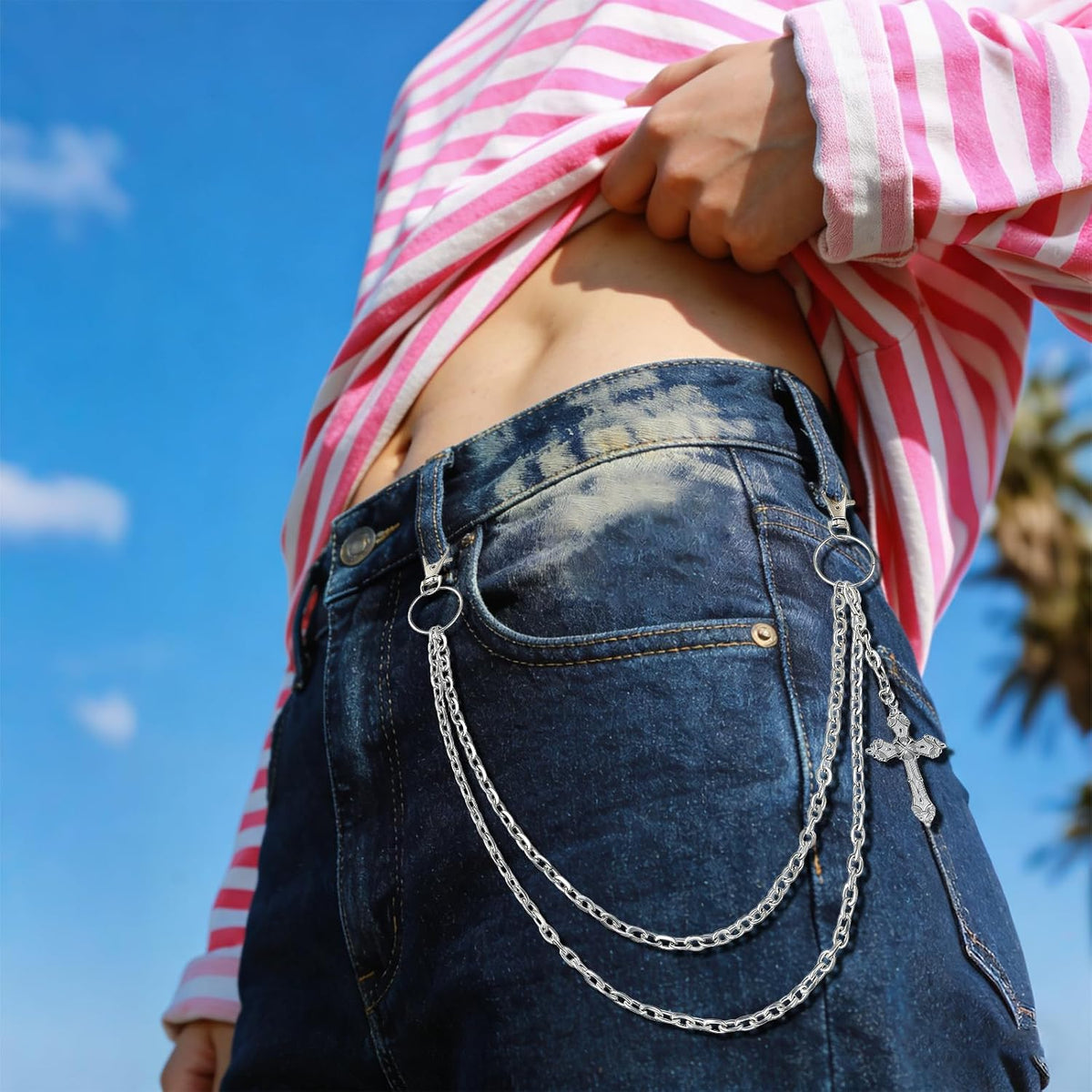Wallet Chain Pants Chain for Women Men Double Cross Pocket Chains with 2 Keyrings Punk Trousers Jeans Chains Biker Heavy Duty Chain Keychain Goth Accessories