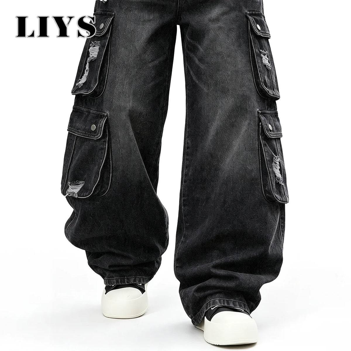 LIYS Men Retro Black Wash Multi Pocket Cargo Jeans Ripped Baggy Wide Leg Y2K Streetwear Denim Pants Tactical Loose Trousers