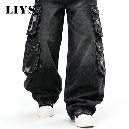 LIYS Men Retro Black Wash Multi Pocket Cargo Jeans Ripped Baggy Wide Leg Y2K Streetwear Denim Pants Tactical Loose Trousers