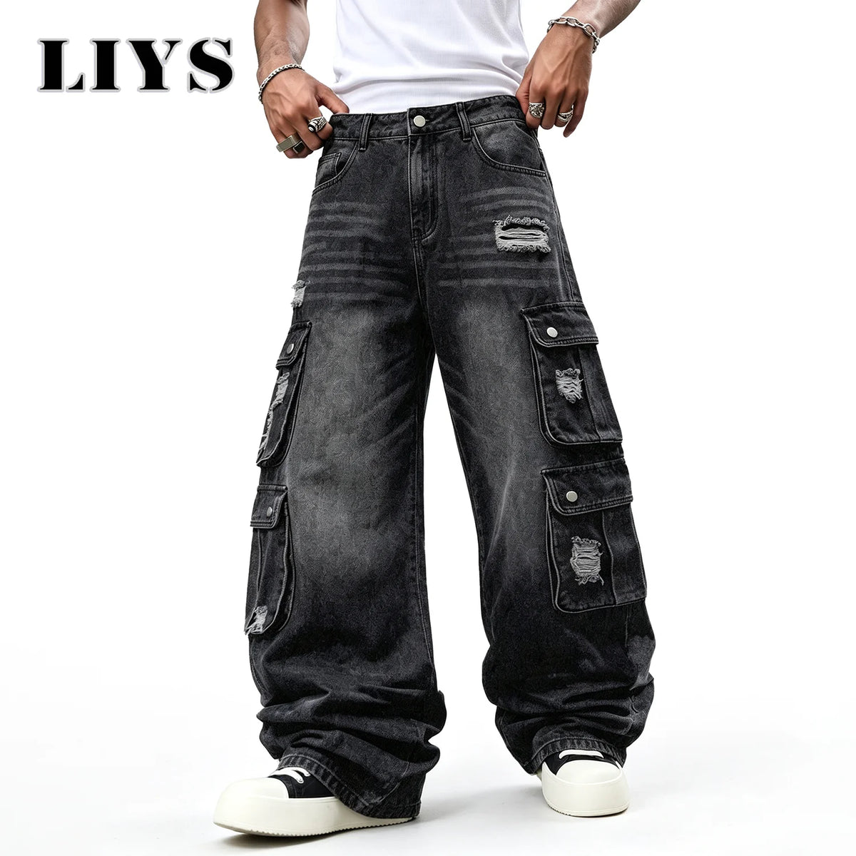LIYS Men Retro Black Wash Multi Pocket Cargo Jeans Ripped Baggy Wide Leg Y2K Streetwear Denim Pants Tactical Loose Trousers