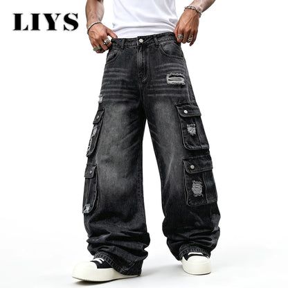 LIYS Men Retro Black Wash Multi Pocket Cargo Jeans Ripped Baggy Wide Leg Y2K Streetwear Denim Pants Tactical Loose Trousers